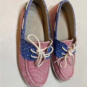 Sanuk Boat Shoes Canvas Striped Polka Dot Red Blue White, 8.5